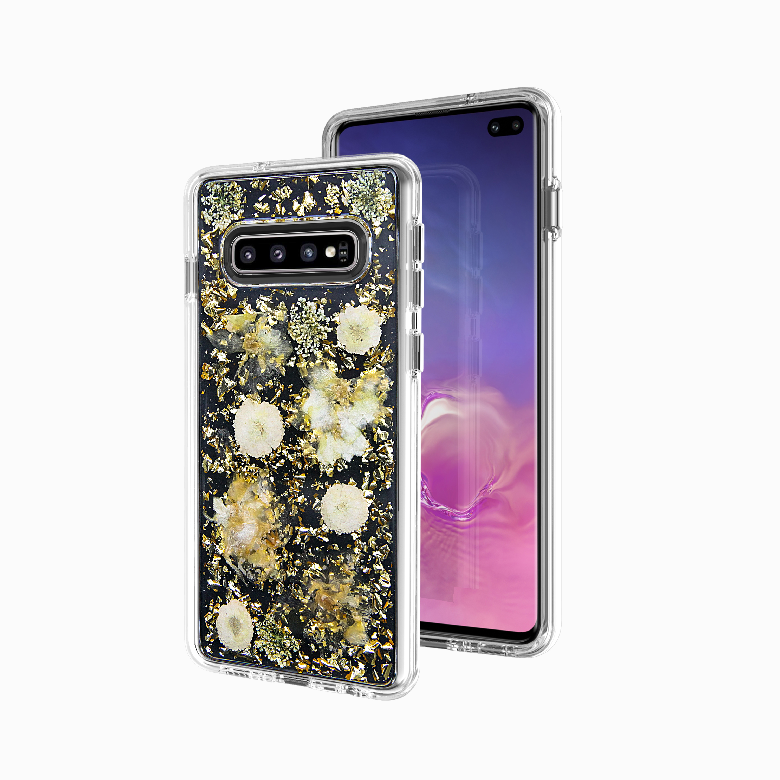 Galaxy S10 Luxury Glitter Dried Natural FLOWER Petal Clear Hybrid Case (Gold Yellow)